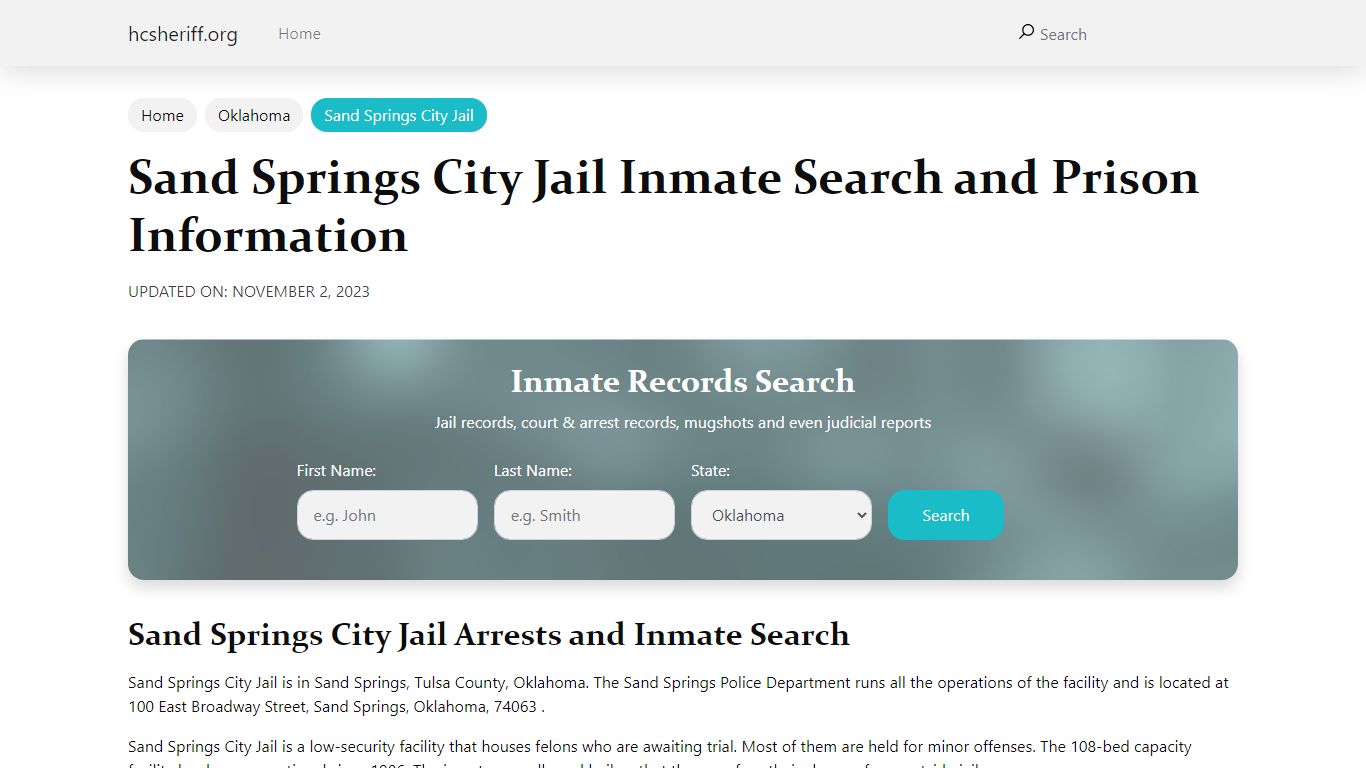 Sand Springs City Jail Inmate Search and Prison Information