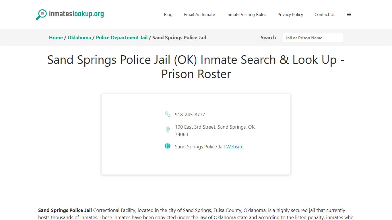 Sand Springs Police Jail (OK) Inmate Search & Look Up - Prison Roster